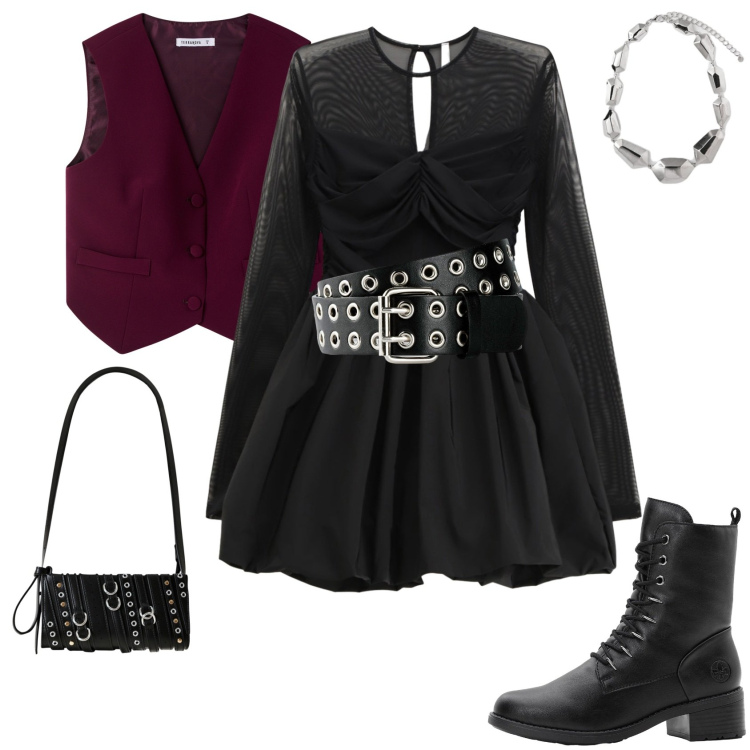 Outfit donna - Halloween Style. Stile Rock per Serata fuori. Abbinamento con cinture, stivaletti, gilet, borse a spalla, vestiti corti, ciondoli.