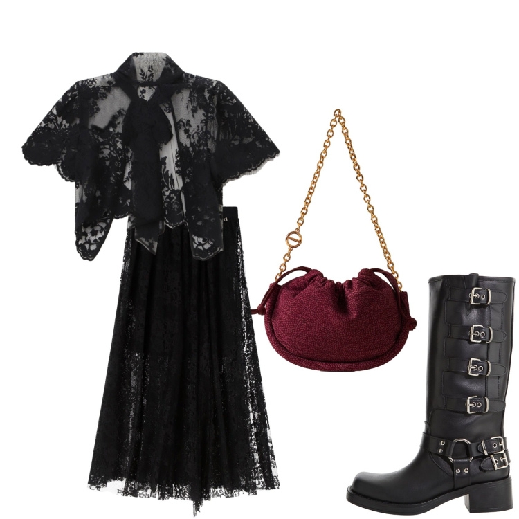Outfit donna - Halloween Style 2. Stile Rock per Serata fuori. Abbinamento con top, stivali, gonne lunghe, borse a spalla.