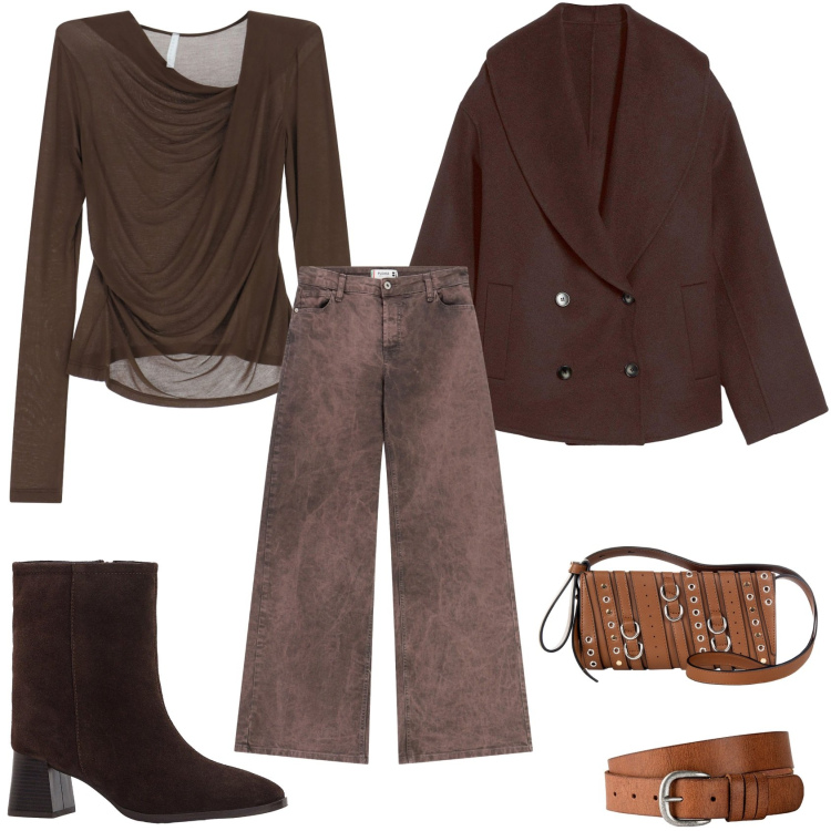 Outfit donna - I like chocholate. Stile Casual chic per Serata fuori. look ideale per Tall. Abbinamento con cinture, stivaletti, caban, pantaloni a palazzo, borse a spalla, bluse.