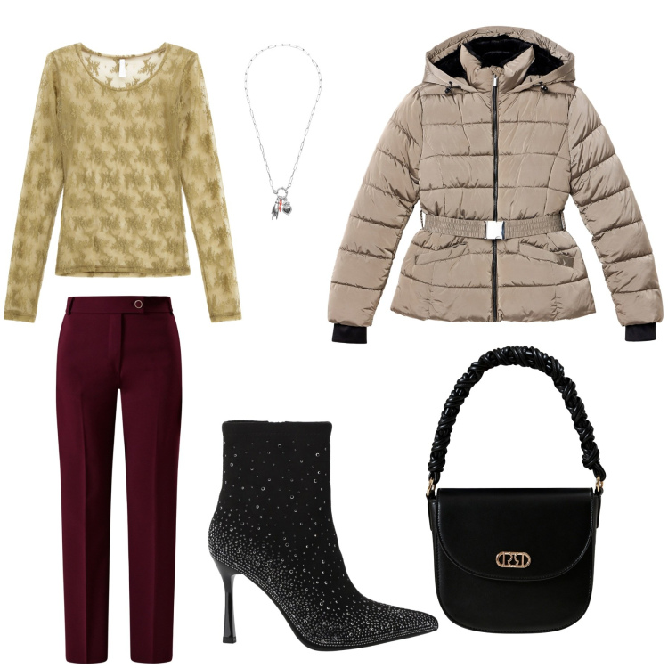 Outfit donna - Uscita con amiche. Stile Sporty chic per Serata fuori. Abbinamento con piumini, borse a mano, pantaloni skinny, maglieria, stivaletti, ciondoli.