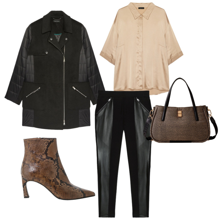 Outfit donna - cena con amici. Stile Casual chic per Serata fuori. Abbinamento con leggings, camicie, cappotti, shopping bag, stivaletti.