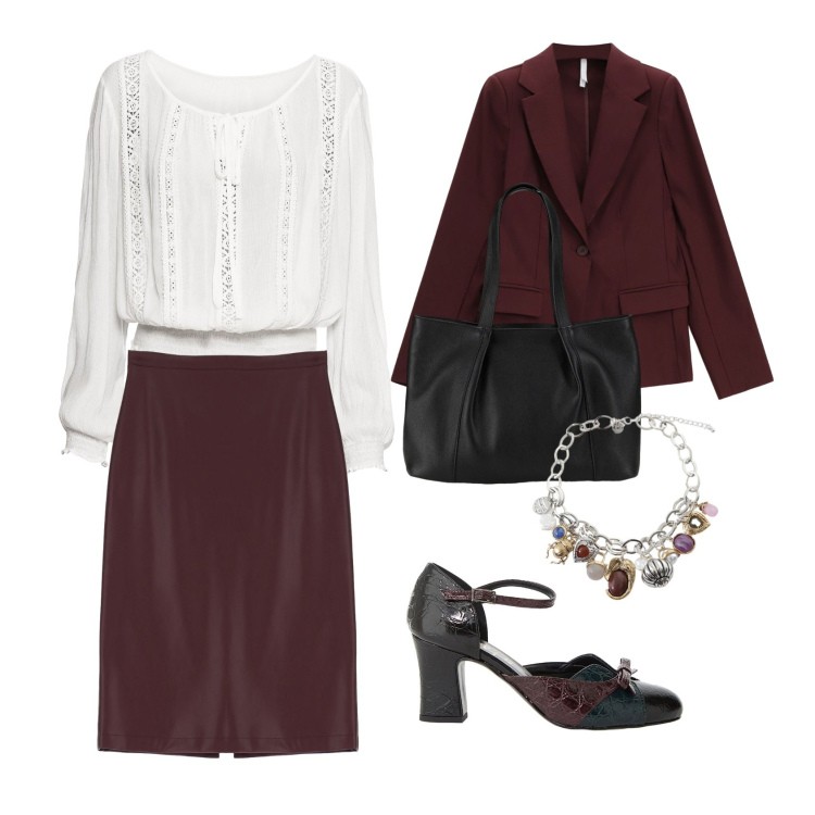 Outfit donna - In the office. Stile Casual chic per Ufficio. Abbinamento con bluse, shopping bag, blazer, gonne longuette, décolleté, braccialetti con ciondoli.