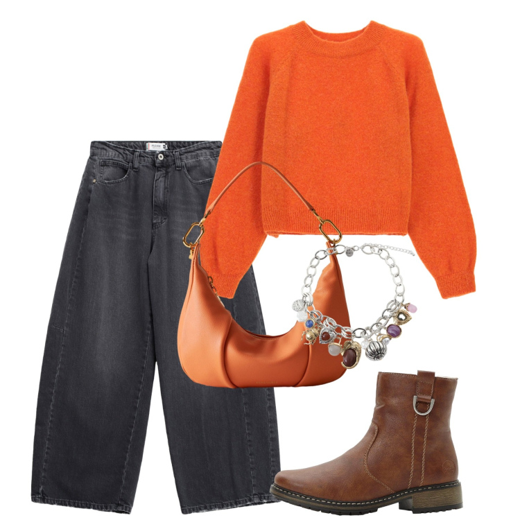 Outfit donna - Ottobre. Stile Basic per Tutti i giorni. Abbinamento con stivaletti, jeans, braccialetti con ciondoli, borse a spalla, maglieria.