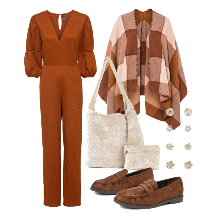Outfit femme - Octobre. Style Casual chic pour Tous les jours. Assortir avec combinaisons, manteaux, sac cabas, boucles d'oreilles, mocassins.