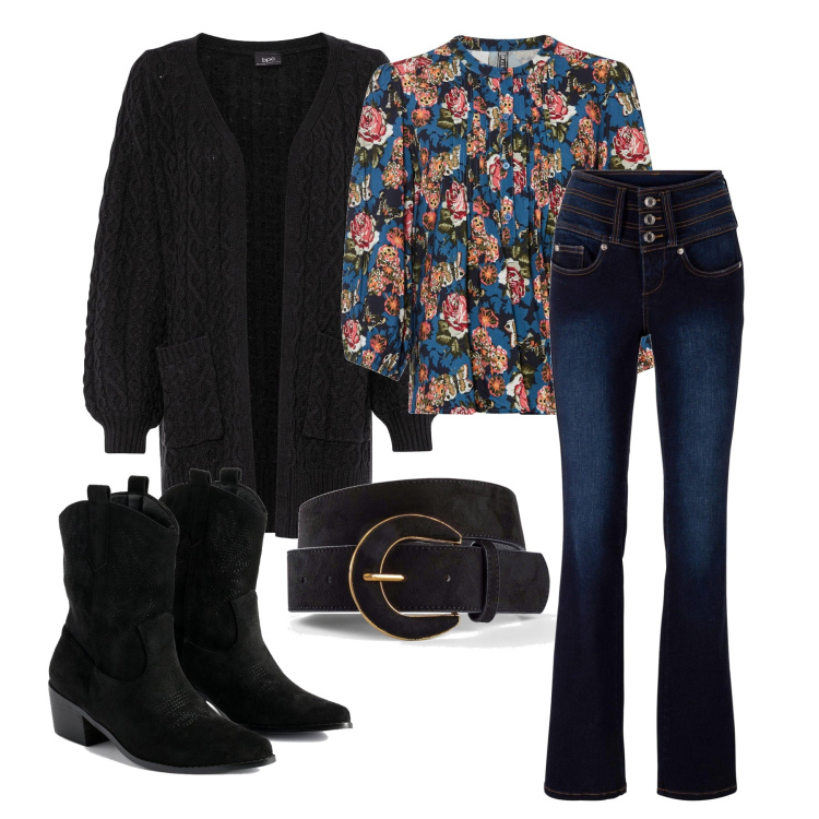Outfit femme - Octobre. Style Tendance pour Tous les jours. Assortir avec tuniques, pulls, ceintures, jean bootcut, bottines.