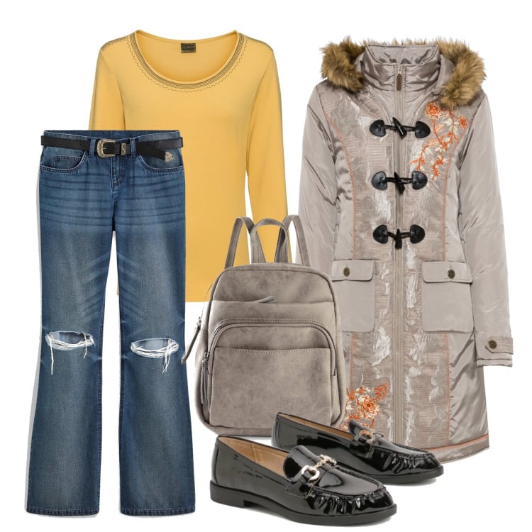 Outfit femme - Octobre. Style Casual pour Ecole/Université. Assortir avec manteaux, jean bootcut, t-shirts, sacs à dos, mocassins.