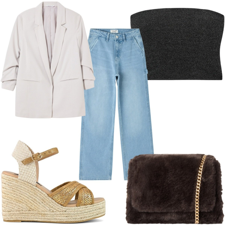 Outfit donna - Terranova Mid Season Sale-con il top. Stile Trendy per Tutti i giorni. Abbinamento con blazer, jeans, borse a tracolla, top, zeppe.