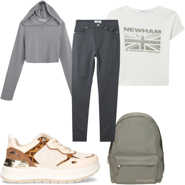 Outfit donna - Terranova Mid Season Sale - a scuola. Stile Basic per Scuola/Università. Abbinamento con pantaloni skinny, felpe con cappuccio, t-shirt, zaini, sneakers.
