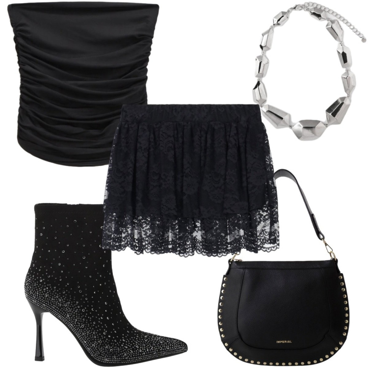 Outfit donna - Spooky Halloween: gothic glamour. Stile Glamour per Serata fuori. Abbinamento con stivaletti, borse a spalla, minigonne, top, ciondoli.