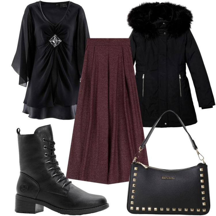 Outfit donna - Spooky Halloween: serata trendy. Stile Trendy per Serata fuori. Abbinamento con tuniche, stivaletti, parka, pantaloni a palazzo, pochette.