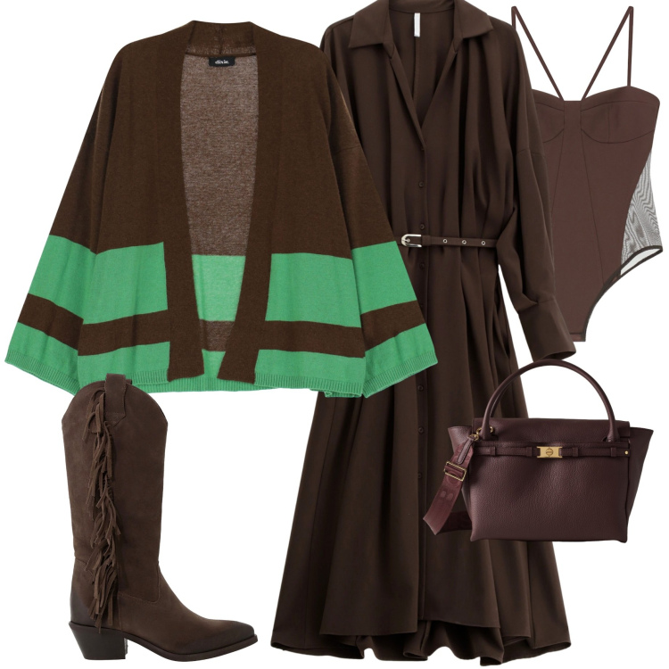 Outfit donna - Mi metto il cardigan. Stile Casual chic per Tutti i giorni. Abbinamento con body, vestiti lunghi, cardigans, stivali, borse a mano.