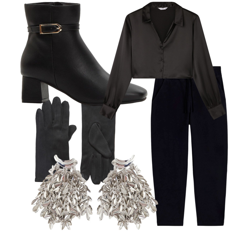 Outfit donna - Dark and sparkling Halloween. Stile Glamour per Serata fuori. Abbinamento con stivaletti, guanti, camicie, orecchini, pantaloni.