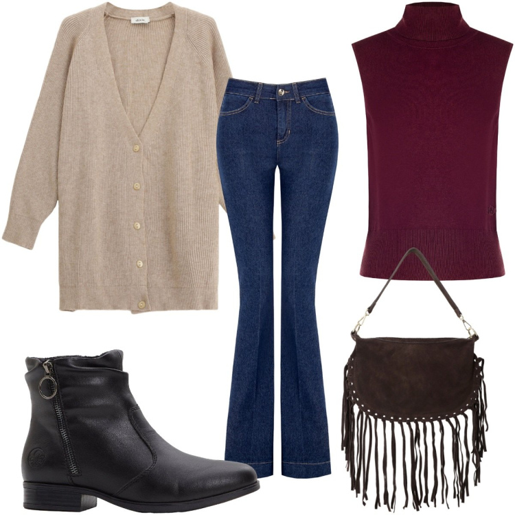Outfit donna - Mi metto il cardigan -70s. Stile 70s per Tutti i giorni. Abbinamento con stivaletti, cardigans, borse a tracolla, top, jeans a zampa.