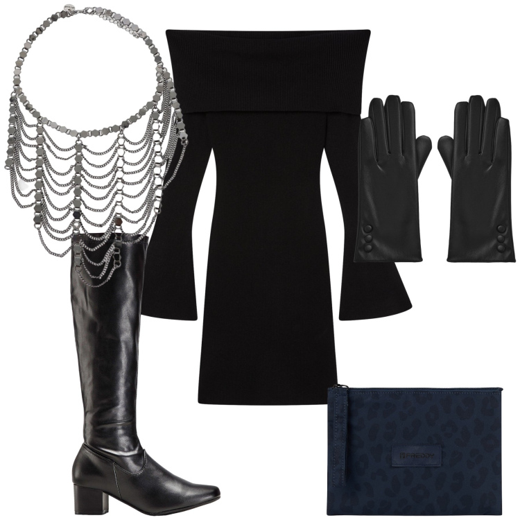 Outfit donna - Nella ragnatela. Stile Trendy per Serata fuori. Abbinamento con stivali, vestiti corti, guanti, collane, clutch.