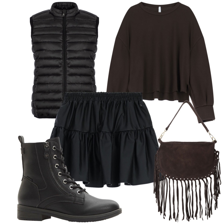 Outfit donna - Trick or treat???. Stile Preppy per Serata fuori. Abbinamento con stivaletti, minigonne, borse a tracolla, piumini, felpe.