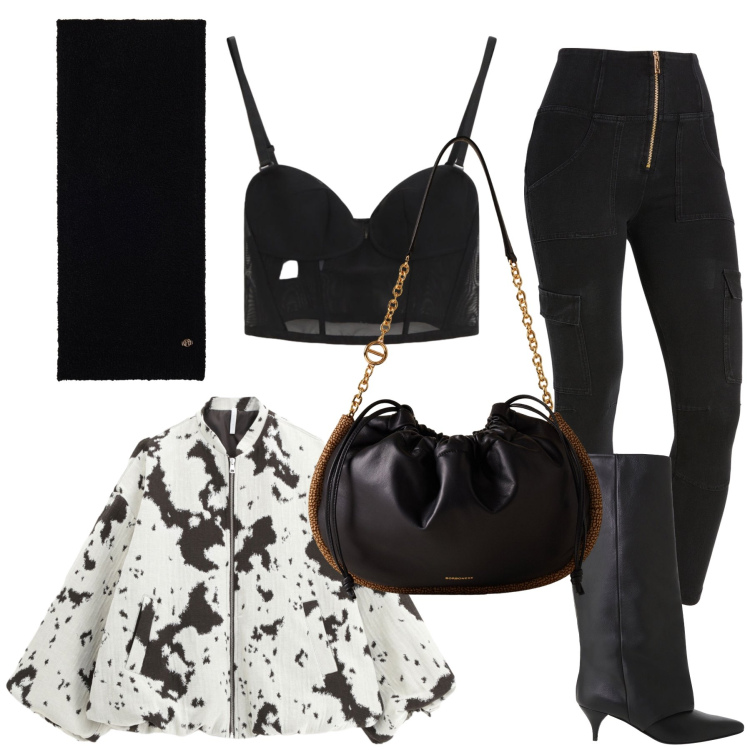 Outfit donna - Halloween night. Stile Sexy per Serata fuori. Abbinamento con stivali, borse a spalla, bomber, top, leggings, sciarpe.