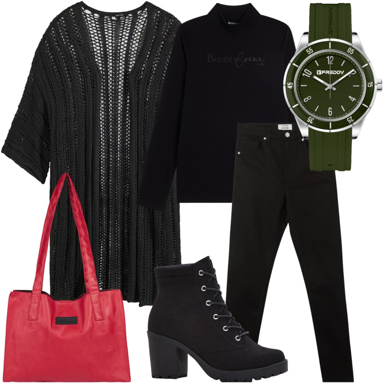 Outfit donna - Un cardigan per ogni occasione. Stile Urban per Serata fuori. Abbinamento con cardigans, stivaletti, pantaloni skinny, maglieria, orologi, shopping bag.