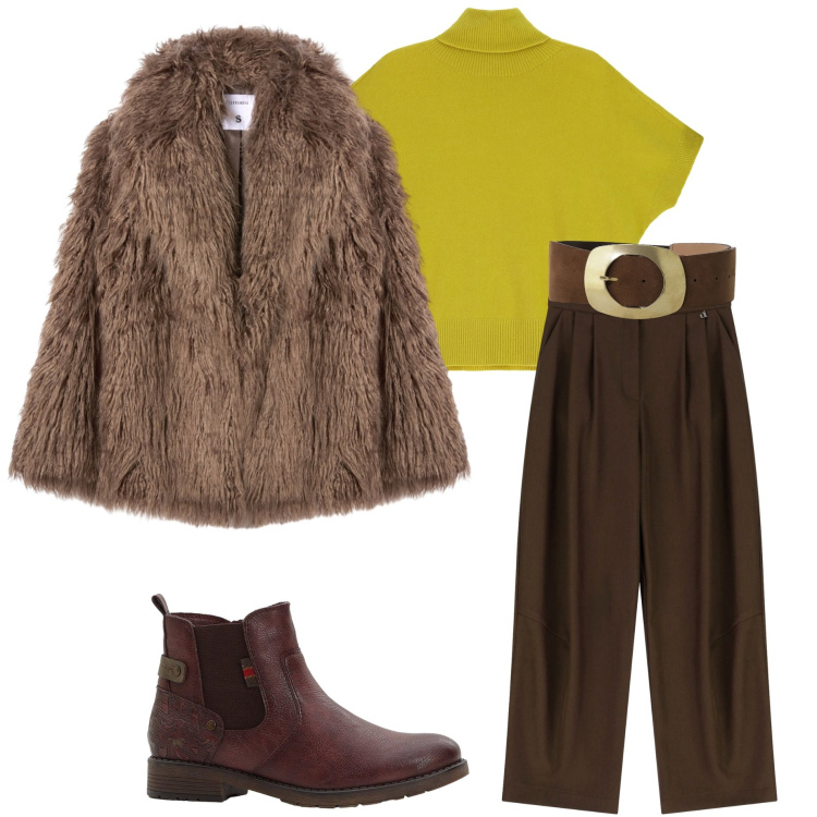 Outfit donna - Un tocco di senape. Stile Urban per Tutti i giorni. Abbinamento con stivaletti chelsea, ecopellicce, cinture, pantaloni a palazzo, maglieria.