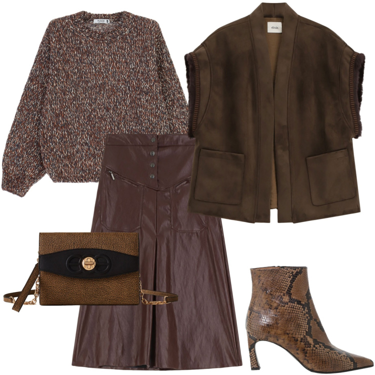 Outfit donna - W il cioccolato. Stile Casual chic per Serata fuori. Abbinamento con maglieria, gonne longuette, gilet, stivaletti, borse a tracolla.