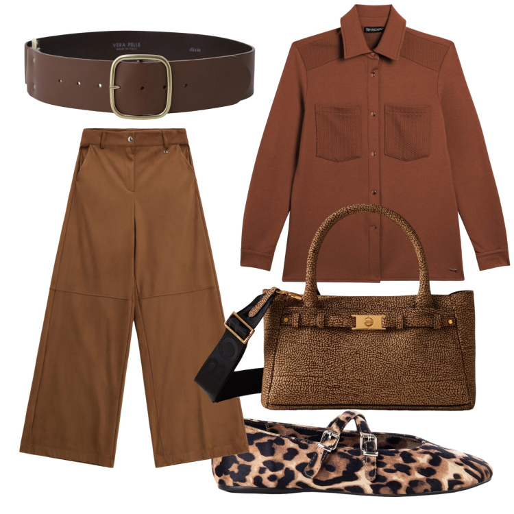Outfit donna - La cioccolata calda dell autunno. Stile Casual chic per Tutti i giorni. Abbinamento con cinture, pantaloni a palazzo, borse a mano, ballerine, camicie.