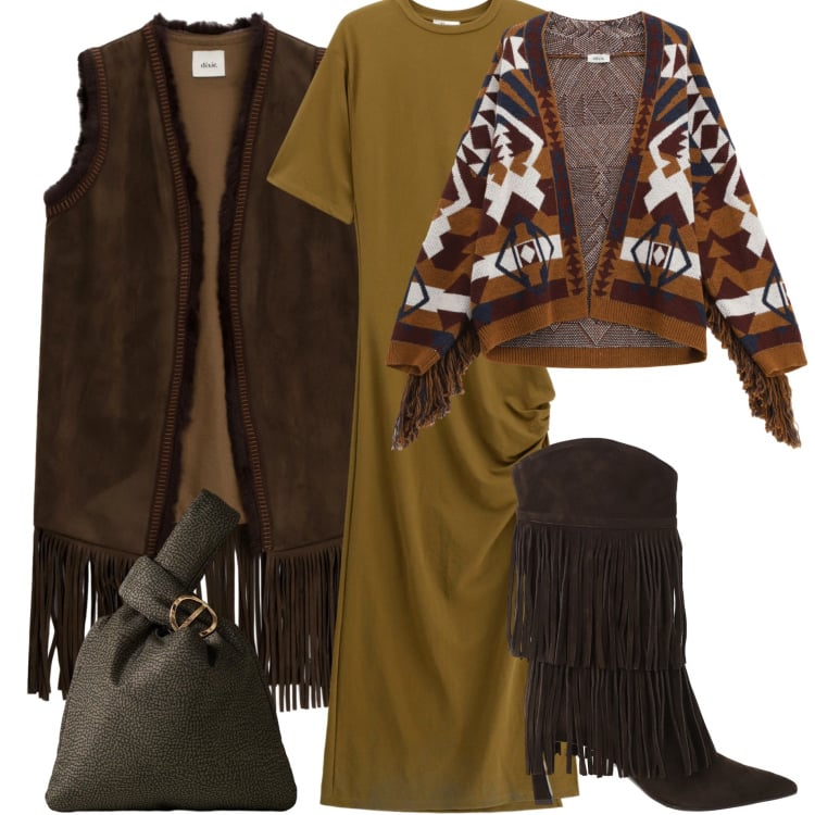 Outfit donna - W il cioccolato. Stile Glamour per Serata fuori. Abbinamento con vestiti lunghi, stivali, cardigans, cappotti, borse a mano.