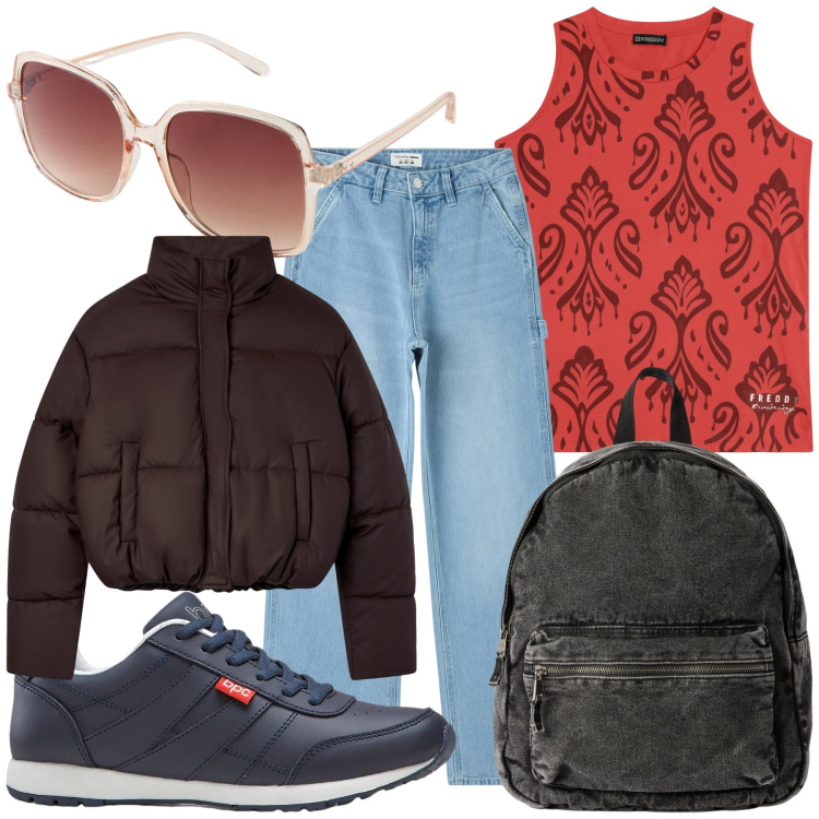 Outfit donna - Stamattina. Stile Casual per Tutti i giorni. Abbinamento con sneakers, occhiali da sole, jeans, zaini, bomber, canottiere.