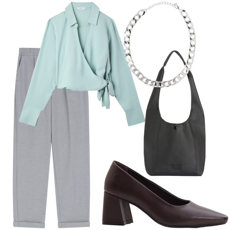 Outfit donna - Impeccabile in ufficio. Stile Urban per Ufficio. Abbinamento con décolleté, camicie, collane, pantaloni, borse a spalla.