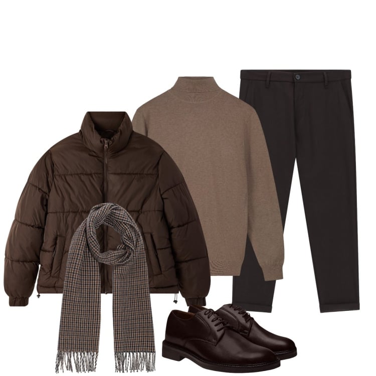 Outfit uomo - Sfumature marroni. Stile Urban per Ufficio. Abbinamento con bomber, pantaloni, maglieria, scarpe stringate, sciarpe.