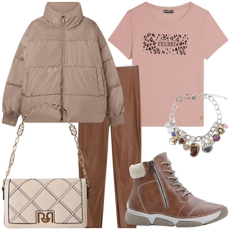 Outfit donna - Sportiva accurata. Stile Casual chic per Tutti i giorni. Abbinamento con stivaletti, bomber, braccialetti con ciondoli, pantaloni skinny, borse a tracolla, t-shirt.