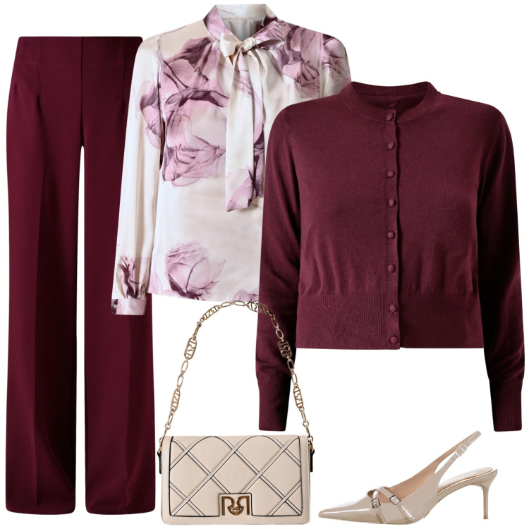 Outfit donna - Elegante col cardigan. Stile Chic per Cerimonia. Abbinamento con cardigans, pantaloni a palazzo, borse a tracolla, décolleté, bluse.