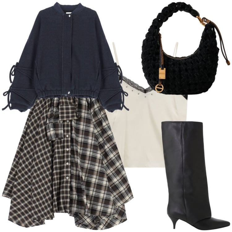 Outfit donna - Trendy serata. Stile Trendy per Serata fuori. Abbinamento con top, bomber, stivali, gonne lunghe, borse a mano.