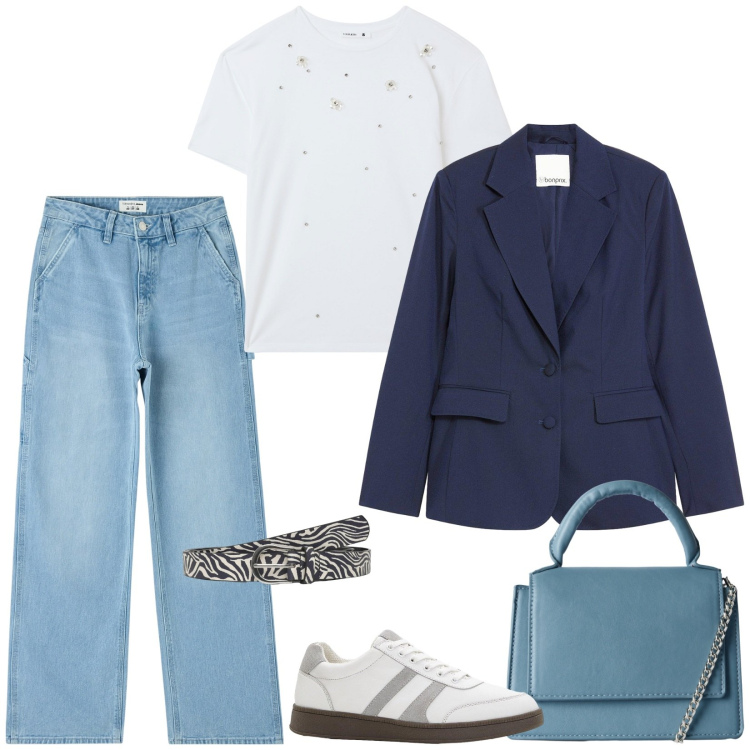 Outfit donna - Total look #2268684. Stile Casual per Scuola/Università. Abbinamento con sneakers, blazer, jeans, t-shirt, borse a tracolla, cinture.