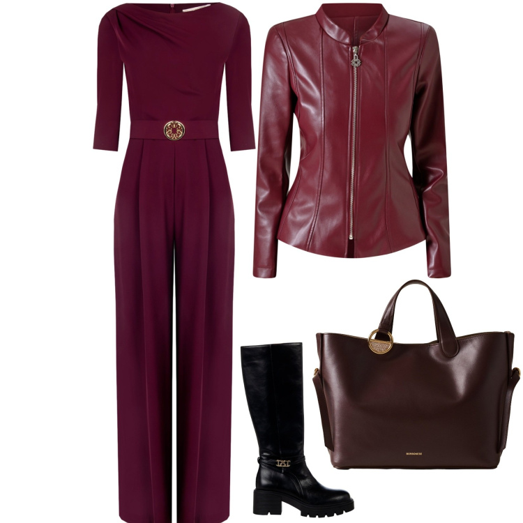 Outfit donna - Il Borgogna sta bene a tutte. Stile Trendy per Tutti i giorni. Abbinamento con tute, blazer, stivali sopra il ginocchio, shopping bag.