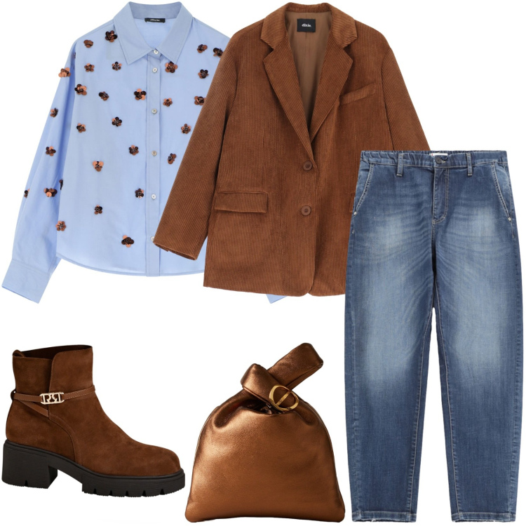 Outfit donna - Blazer e Camicia con fiori decorativi. Stile Casual per Ufficio. Abbinamento con jeans, camicie, blazer, borse a mano, stivaletti.