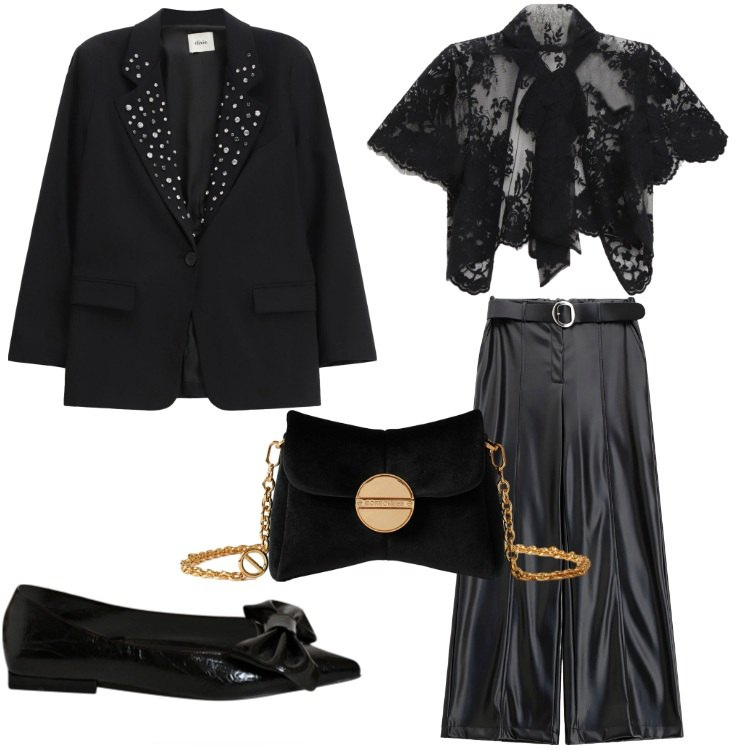 Outfit donna - Spooky Halloween. Stile Glamour per Serata fuori. Abbinamento con blazer, borse a tracolla, ballerine, pantaloni, top.