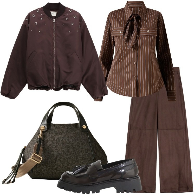 Outfit donna - W il cioccolato - @pamela. Stile Urban per Tutti i giorni. Abbinamento con camicie, pantaloni a palazzo, mocassini, bomber, borse a mano.