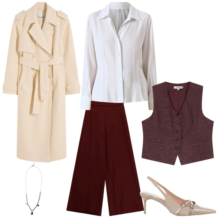 Outfit donna - Autunno in ufficio. Stile Glamour per Ufficio. Abbinamento con trench, pantaloni a palazzo, gilet, décolleté, camicie, ciondoli.
