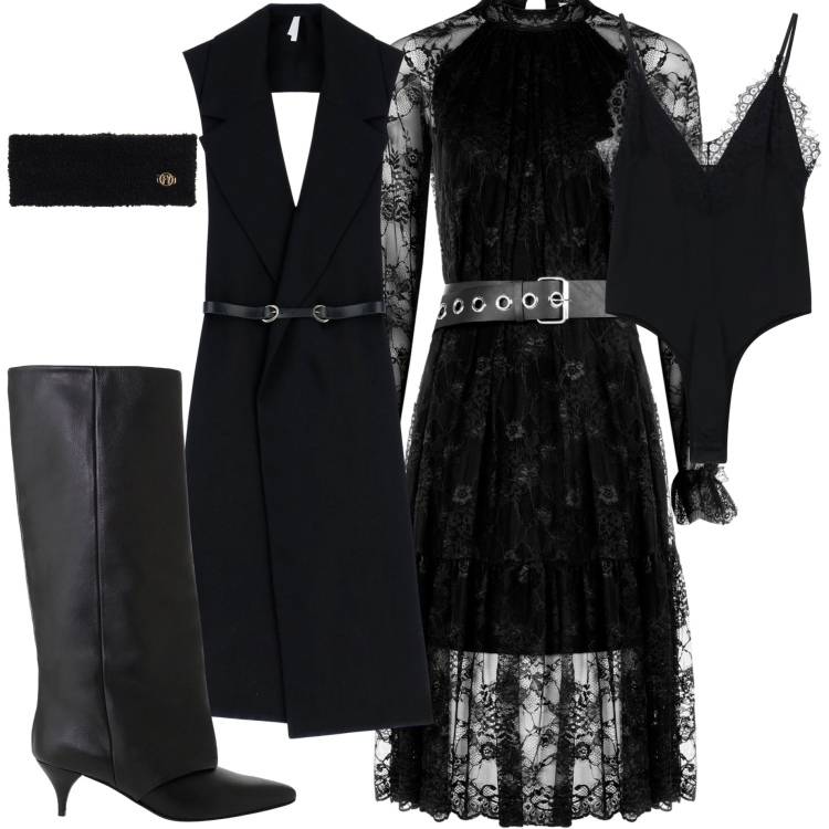 Outfit donna - Spooky halloween. Stile Rock per Serata fuori. Abbinamento con vestiti corti, gilet, body, stivali, fasce per capelli.