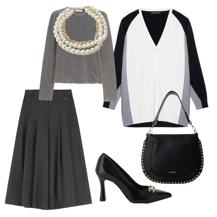 Outfit donna - Mi metto lì cardigan. per Tutti i giorni. Abbinamento con maglieria, décolleté, borse a spalla, collane, pantaloni a palazzo, cardigans.