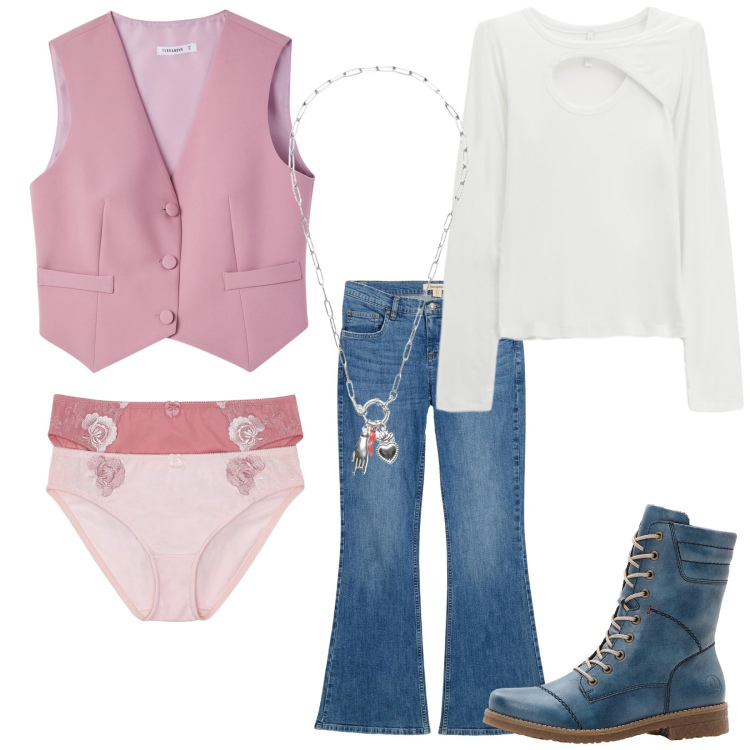 Outfit donna - Total look #2268701. Stile Trendy per Tutti i giorni. Abbinamento con culotte, stivaletti, jeans a zampa, gilet, maglieria, ciondoli.