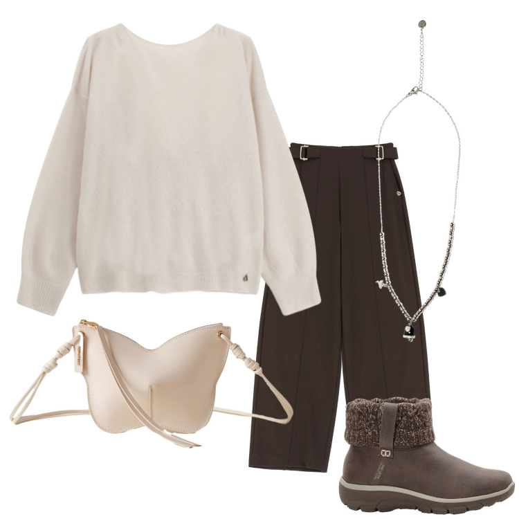 Outfit donna - Un Cardigan particolare. Stile Casual chic per Serata fuori. Abbinamento con stivaletti, pantaloni a palazzo, cardigans, borse a tracolla, ciondoli.
