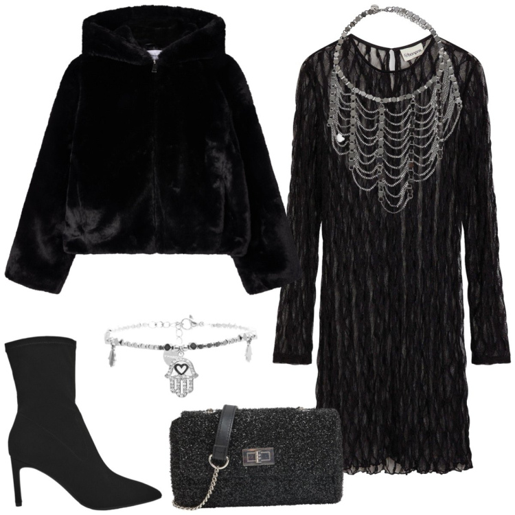 Outfit donna - Total look #2268705. Stile Rock per Serata fuori. Abbinamento con vestiti corti, borse a tracolla, stivali, ecopellicce, collane, braccialetti.