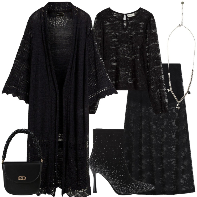 Outfit donna - Total look #2268706. Stile Rock per Serata fuori. Abbinamento con cardigans, bluse, borse a mano, stivaletti, gonne lunghe, ciondoli.