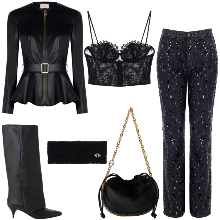 Outfit donna - Total look #2268707. Stile Sexy per Serata fuori. Abbinamento con borse a spalla, pantaloni, blazer, top, stivali, fasce per capelli.