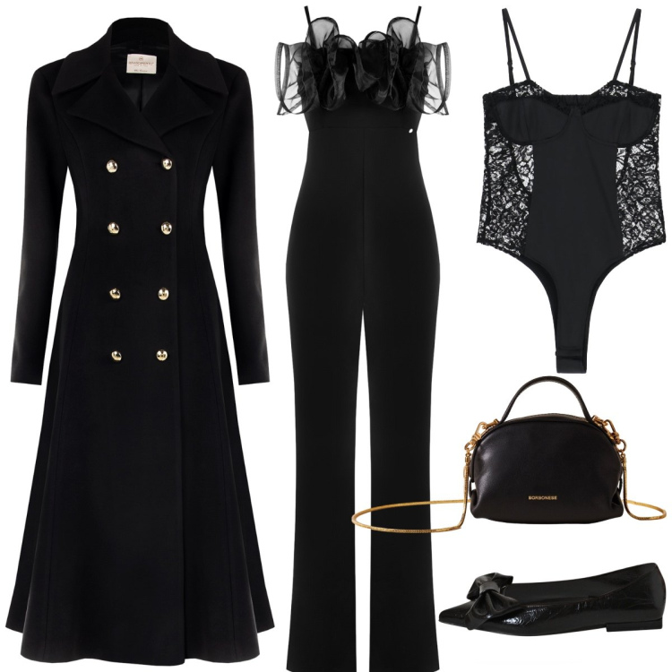 Outfit donna - Total look #2268708. Stile Chic per Serata fuori. Abbinamento con cappotti, tute, ballerine, body, borse a mano.