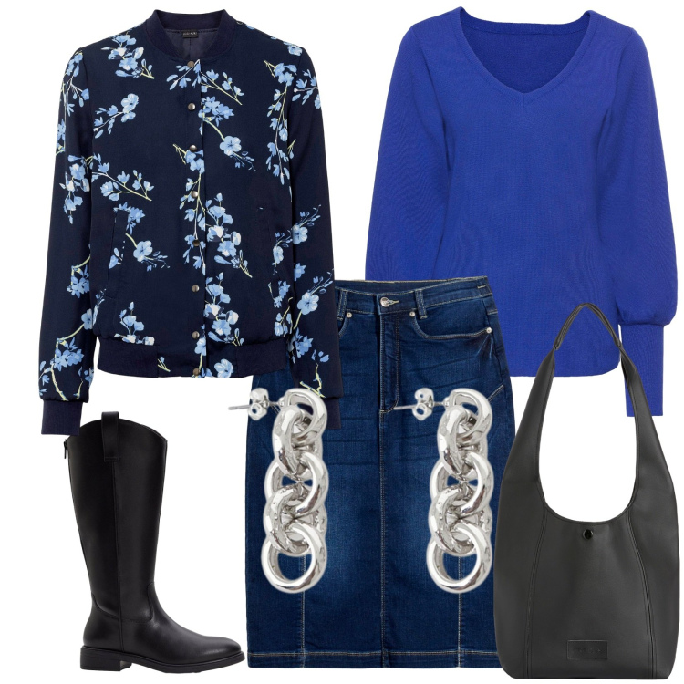 Outfit donna - City. Stile Casual per Tutti i giorni. Abbinamento con maglieria, bomber, gonne, stivali, orecchini, borse a spalla.