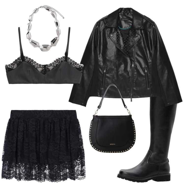 Outfit donna - Total look #2268712. Stile Rock per Serata fuori. Abbinamento con stivali, top, borse a spalla, minigonne, ciondoli, giacche.