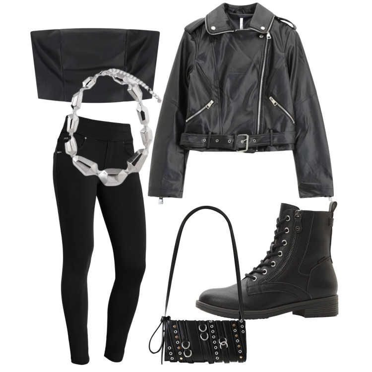Outfit donna - Total look #2268713. Stile Rock per Serata fuori. Abbinamento con stivaletti, top, borse a spalla, giacche, pantaloni skinny, ciondoli.