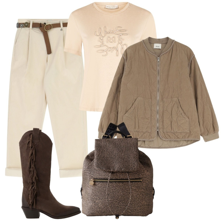 Outfit donna - Mercoledì mattina. Stile Basic per Tutti i giorni. Abbinamento con t-shirt, giacche, pantaloni, stivali, zaini.