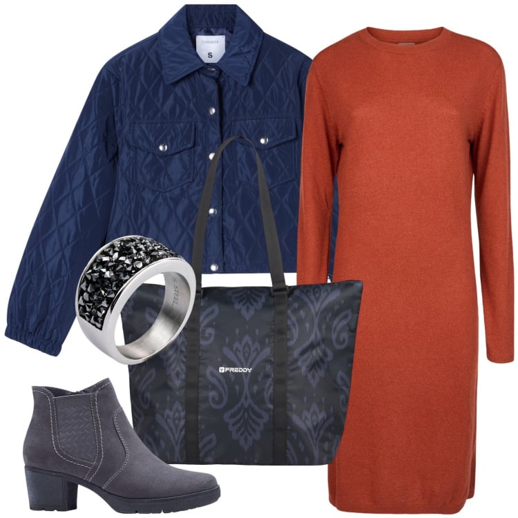 Outfit donna - Total look #2268715. Stile Casual chic per Tutti i giorni. Abbinamento con stivaletti, anelli, giacche, shopping bag, vestiti midi/longuette.